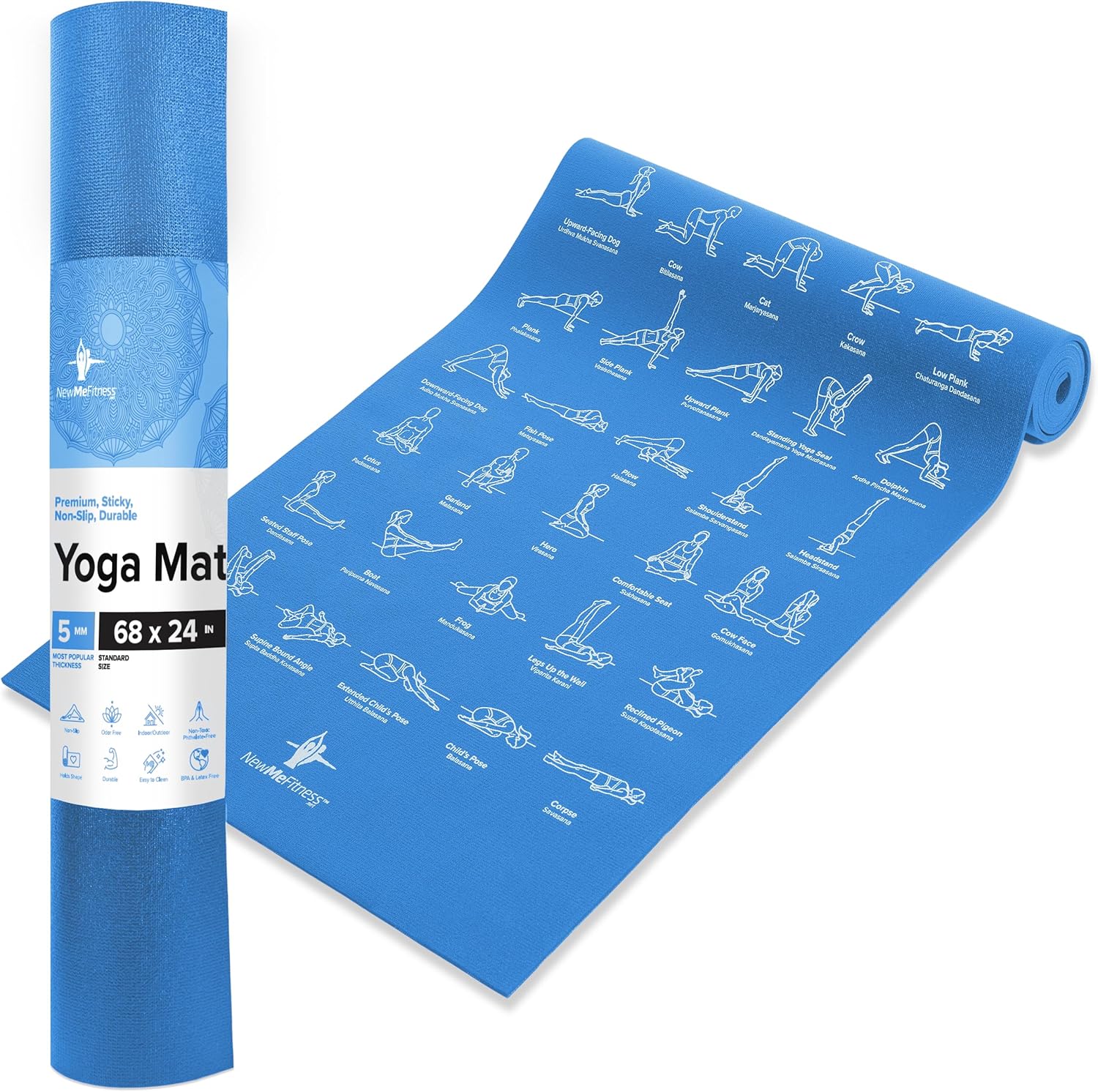 Non-Slip Yoga Mat with 70 Printed Poses – 68"